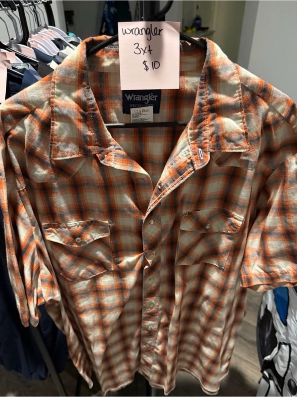 Wrangler Orange and White Plaid Short-Sleeve Button-Up Shirt